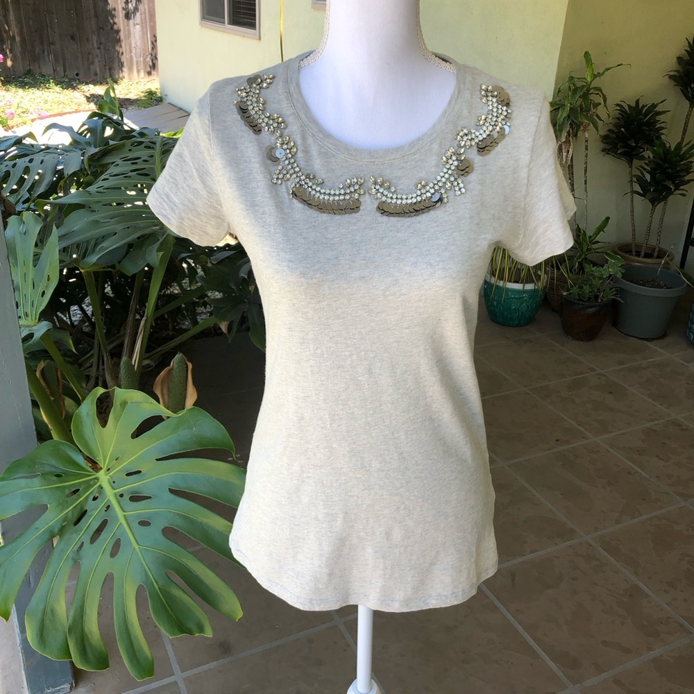 NWOT Halogen Grey Top with Bejeweled Neckline - Size XS